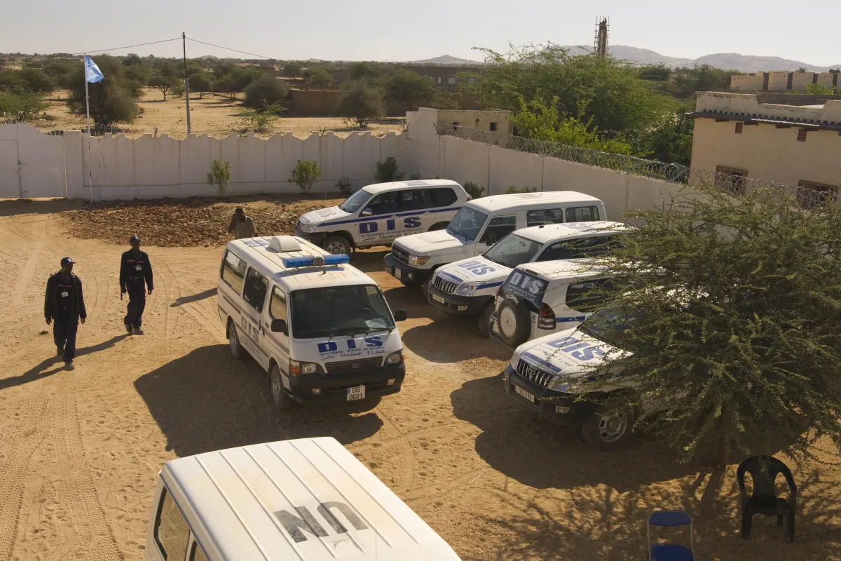 Aerial view of UN Vehicles parked in a group